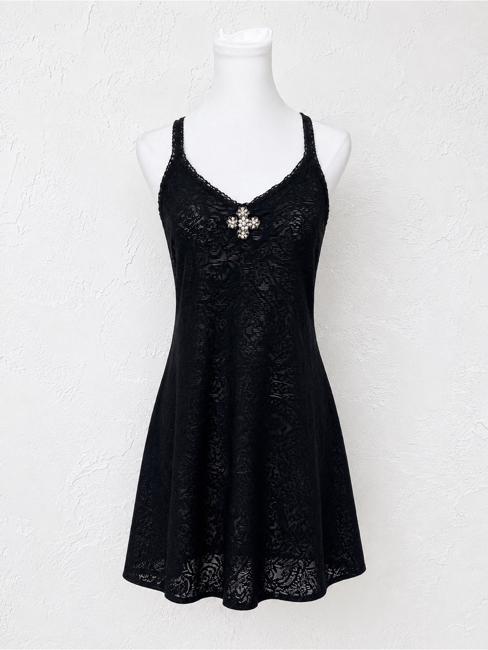 Vintage Jessica Y2K Black Burnout Lace Rhinestone Babydoll Mini Dress Goth XL